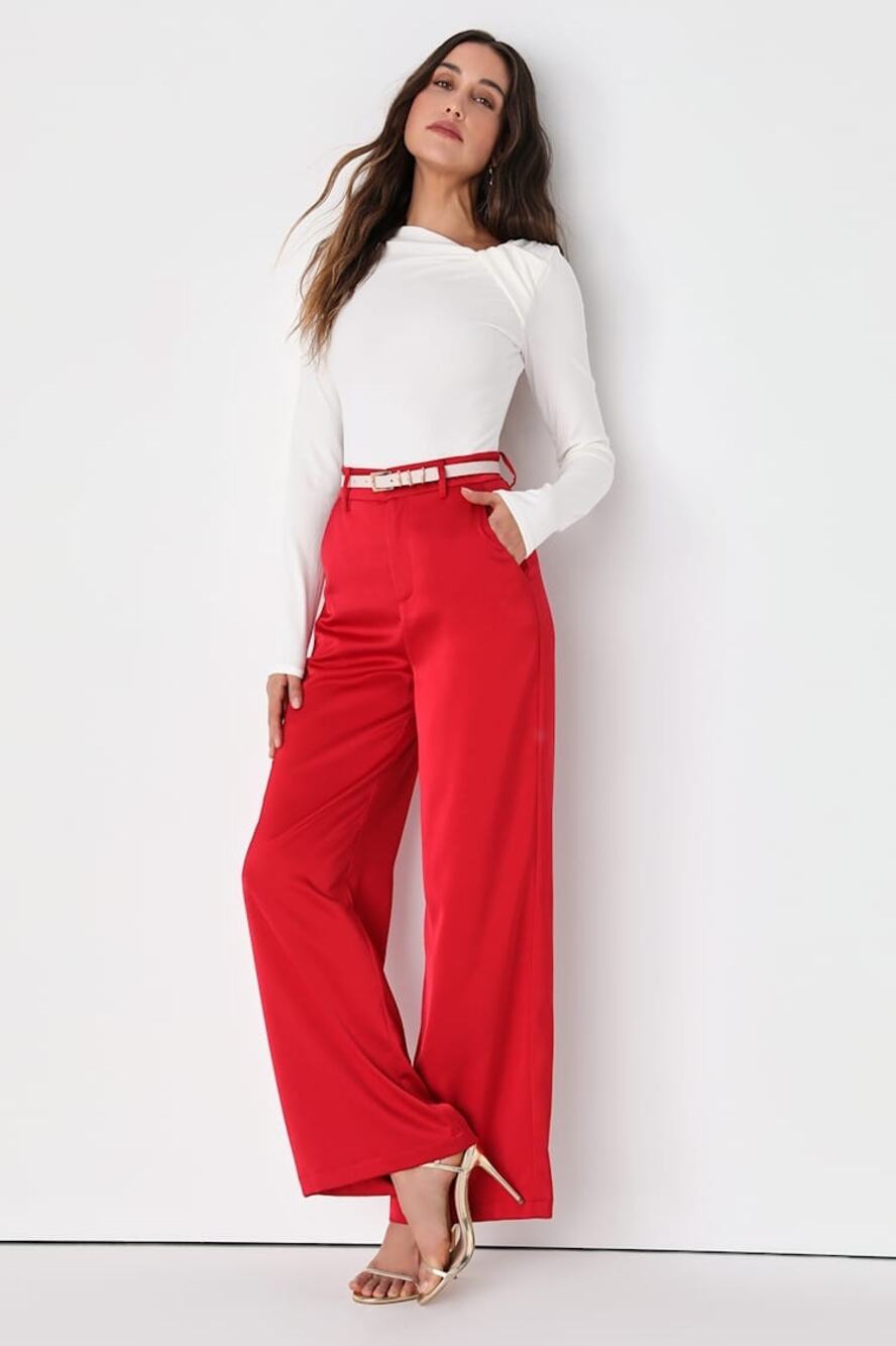 Lulus Modern Approach Red Satin Wide-Leg Pants High Rise Festive Small NWT
